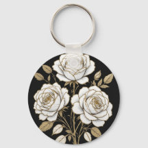Llavero de Rosa Floral Blanco y Dorado Elegante –