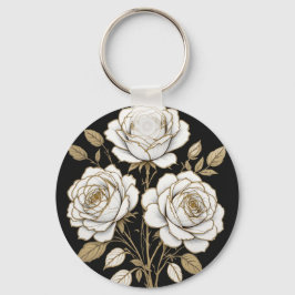 Llavero de Rosa Floral Blanco y Dorado Elegante –