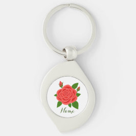 Llavero de rosa roja con capullos y texto