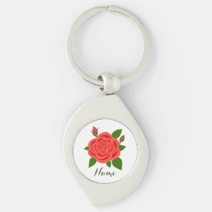 Llavero de rosa roja con capullos y texto