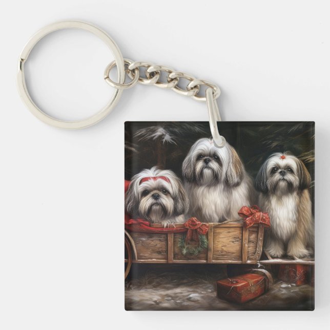 Llavero Decoración de Navidades Lhasa Apso Snowy Sleigh (Frente)