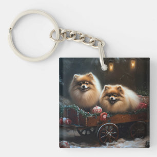 Llavero Decoración navideña de trineo nevado con Pomerania