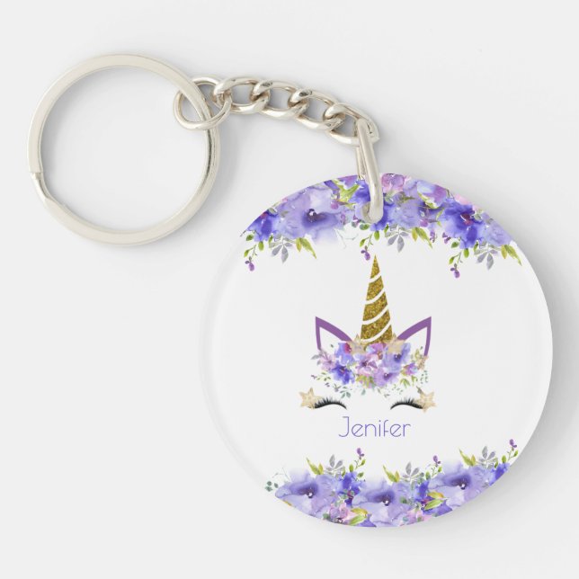 Llavero Decoraciones de cumpleaños de Unicornio violeta fr (Frente)
