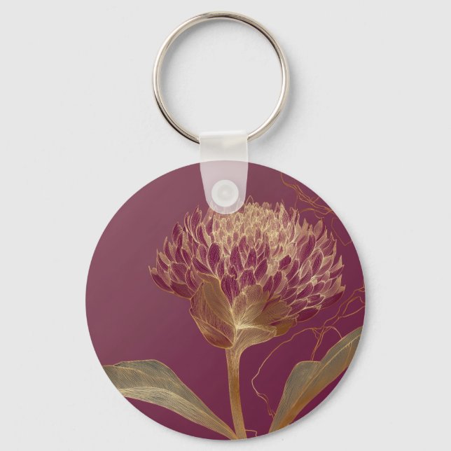 Llavero Deep Red Gold Botanical Flower Linework (Anverso)