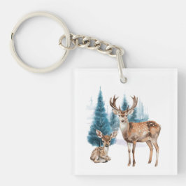 Llavero Deer and doe with snowy pine tree