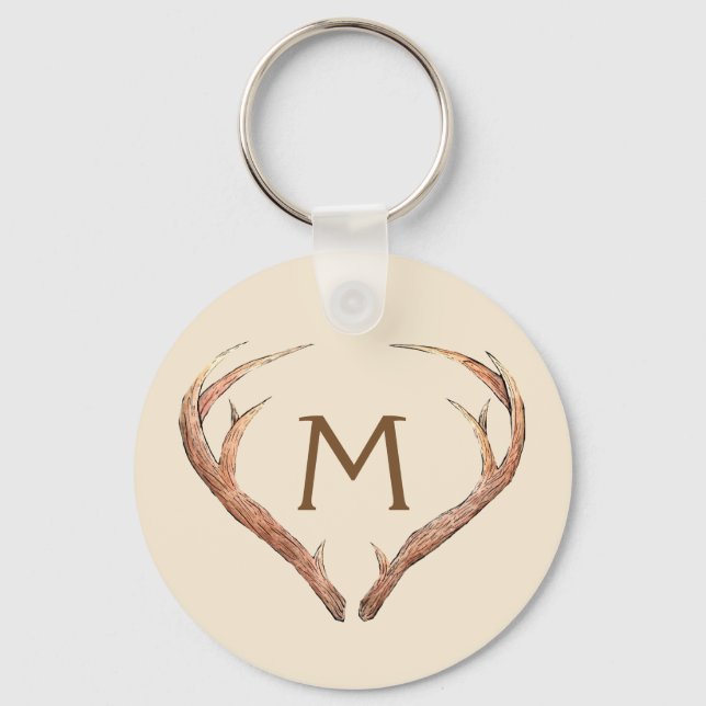 Llavero Deer Antlers Safari Personalizado Monograma Beige (Anverso)