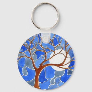 Llavero del arte del árbol y de la luna - azul