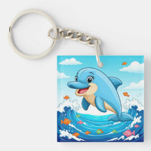 Llavero Delfín de dibujos animados lindo salpicando en agu