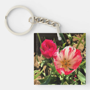 Llavero Dentro de un tulipán rosa y blanco