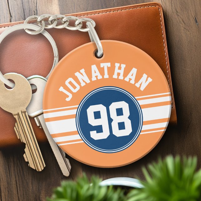 Llavero Deportes Jersey Azul y Naranja Bandas Número de no (Personalized Keychain - sports jersey theme)