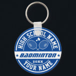 Llavero Deportes personalizados del jugador de bádminton d<br><div class="desc">Regalos deportivos personalizados y mercadería para el equipo de deportes escolares. Todos los textos son editables para su ocasión. El color de fondo se puede editar mediante la herramienta de diseño. Un recuerdo perfecto para los entrenadores escolares y los mayores graduados que también son grandes atletas.</div>