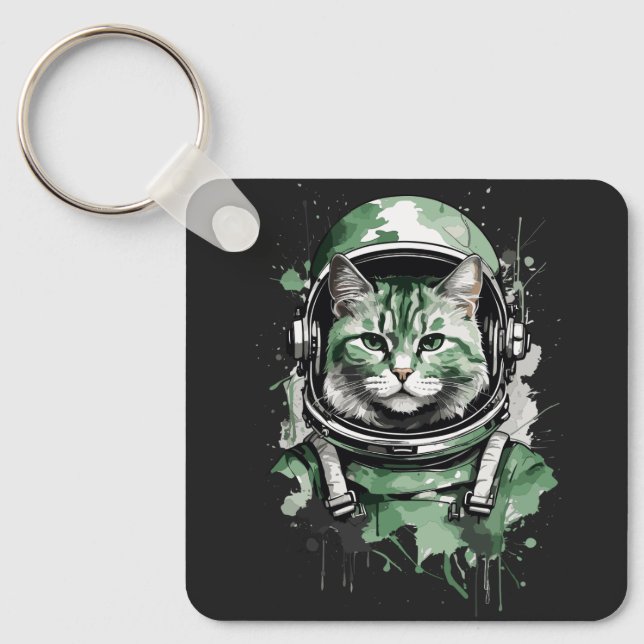 Llavero Desplome de gato de astronauta verde (Anverso)