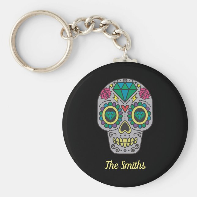 Llavero Día de la Calavera Muerta con Rosa y cristal (Frente)