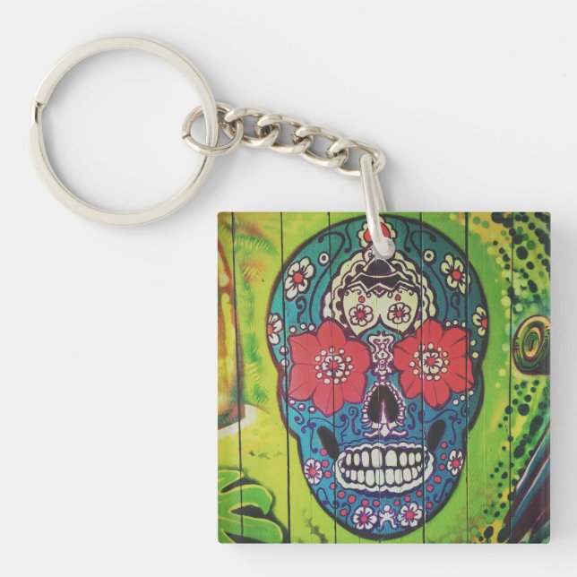 Llavero Día de la Muerte Funky Azul y Calavera Verde del A (Frente)