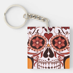 Llavero Día de Muertos Arte de Cráneo de Azúcar Floral