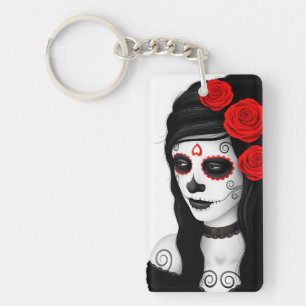 Llavero Día del chica muerto con los rosas blancos
