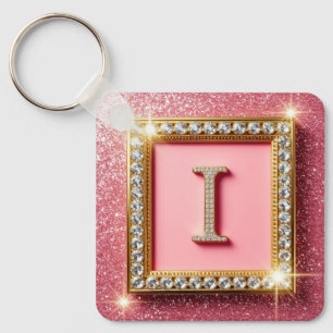 Llavero Diamante de Inicial I con Marco Dorado y Glitter R