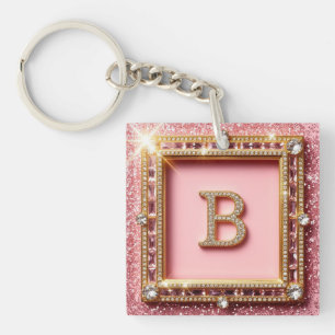Llavero Diamante Inicial B Glitter Rosa Marco Dorado Monog