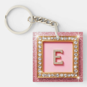 Llavero Diamante Inicial E Marco de Oro Glitter Rosa Monog