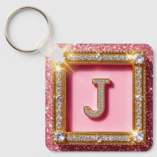Llavero Diamante Inicial J Purpurina Dorada Marco Monogram