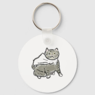Llavero Dibujo a lápiz de gato gris atigrado con capa blan