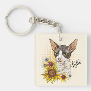 Llavero Dibujo a mano Cornish Rex cat con girasoles Tira
