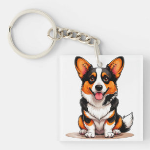 Llavero Dibujo animado de cachorro de Corgi galés con cárd