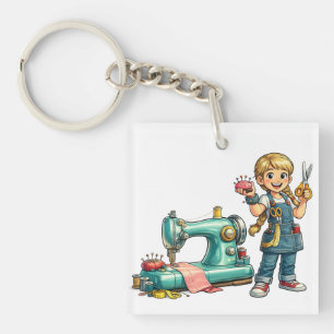 Llavero Dibujo animado de niña linda cosiendo con máquina