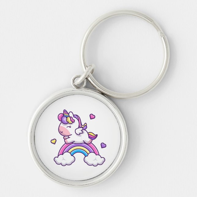 Llavero Dibujo animado de unicornio lindo con arcoíris (Frente)