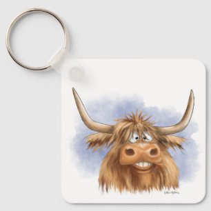 Llavero Dibujo animado divertido de vaca de las Highlands