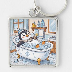 Llavero Dibujo Animado Lindo Pingüino Feliz Tomando un Bañ