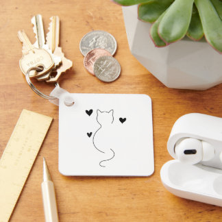 Llavero Dibujo de línea de gato lindo, con tres corazones