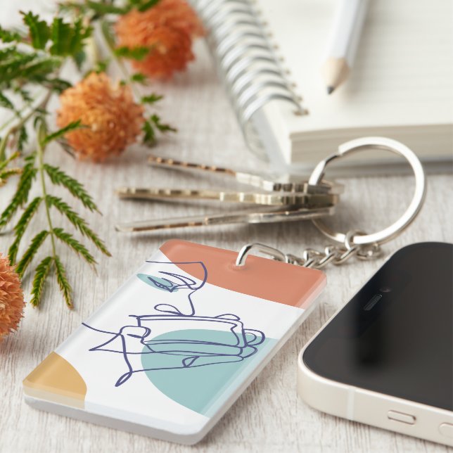 Llavero dibujo de líneas poster de la mujer tomando café (Frente Derecha)