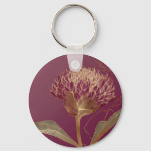 Llavero Dibujo floral botánico de oro rojo intenso