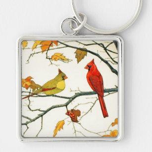 Llavero Dibujo japonés vintage, cardenales en una rama