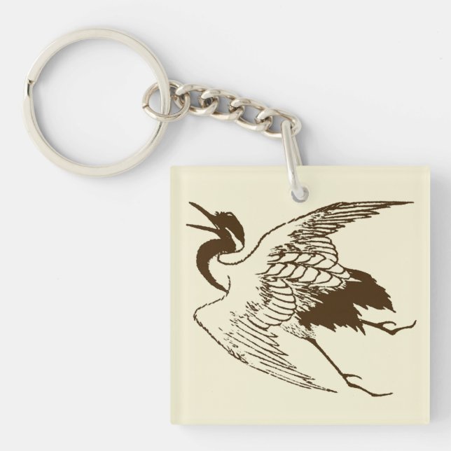 Llavero Dibujo japonés vintage de una grúa, marrón (Frente)