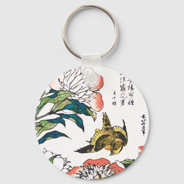 Llavero Dibujo japonés vintage, Peonies y Sparrow (Anverso)