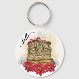 Llavero Dibujo manual de gato plegado escocés con flores r