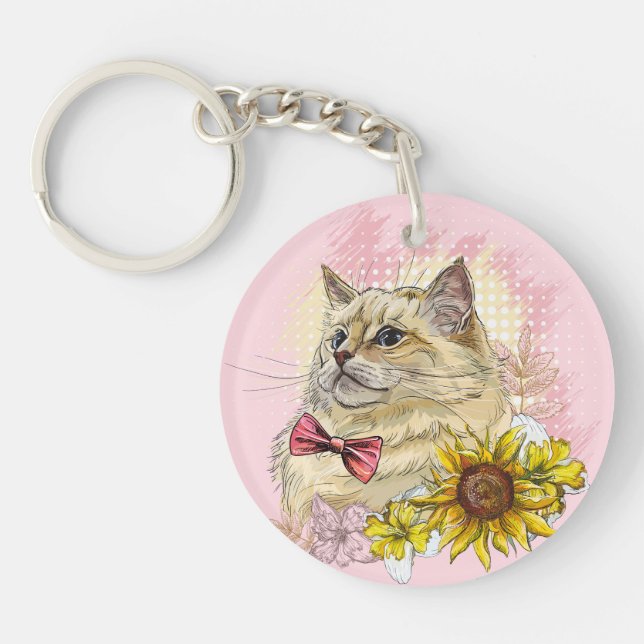 Llavero Dibujo manual divertido gato Red Ragdoll con flore (Frente)