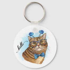 Llavero Dibujo manual divertido gato Tabby en gafas Placa 