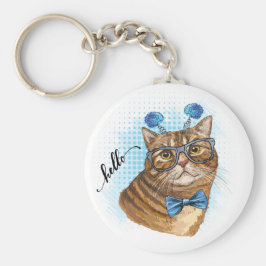 Llavero Dibujo manual divertido gato Tabby en gafas Placa
