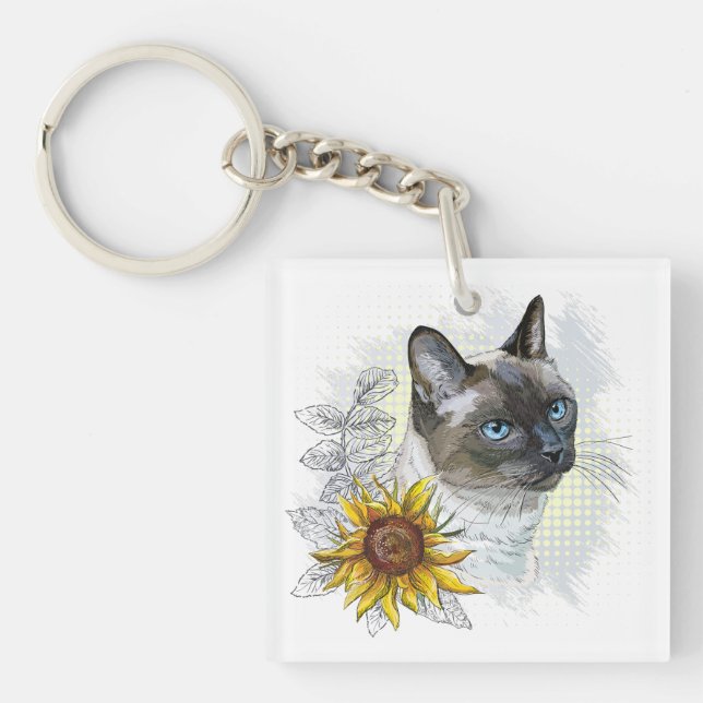 Llavero Dibujo manual divertido lindo gato tailandés con f (Frente)