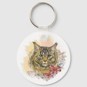 Llavero Dibujo manual divertido lindo Maine coon con flore