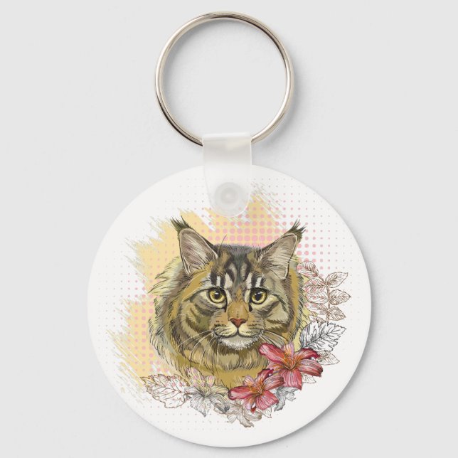 Llavero Dibujo manual divertido lindo Maine coon con flore (Anverso)