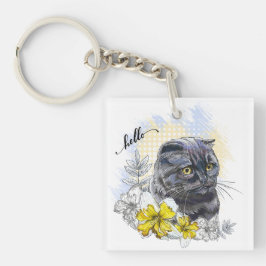 Llavero Dibujo manual gracioso gato negro británico con fl