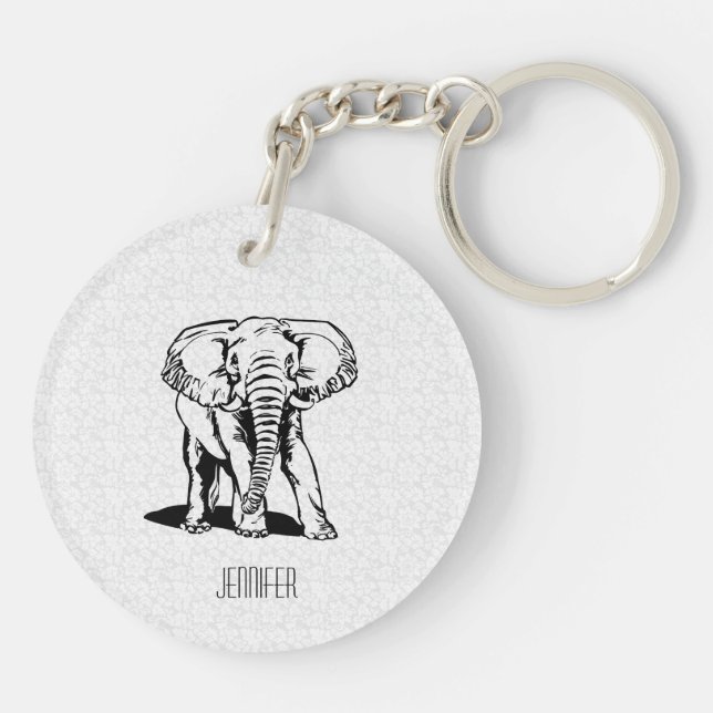 Llavero Dibujo monogramado de línea de elefante negro (Atrás)