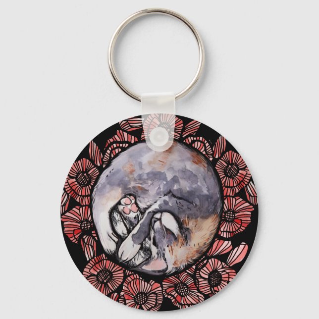 Llavero Diluir Calico Kitty Cat Red Poppy Flores Gatos (Anverso)