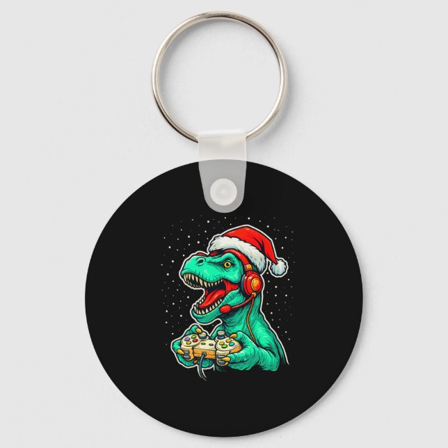 Llavero Dinosaur T Rex Playing Video Game Santa Hat Christ (Anverso)