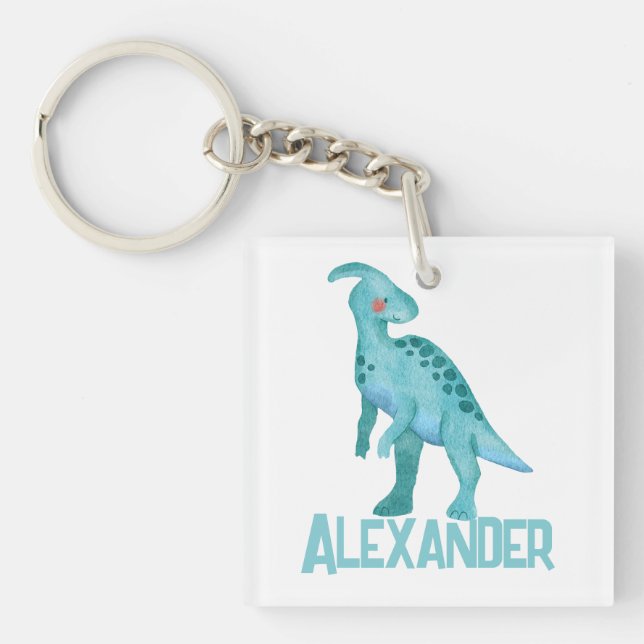 Llavero Dinosaurio azul acuarela con nombre de niño (Frente)