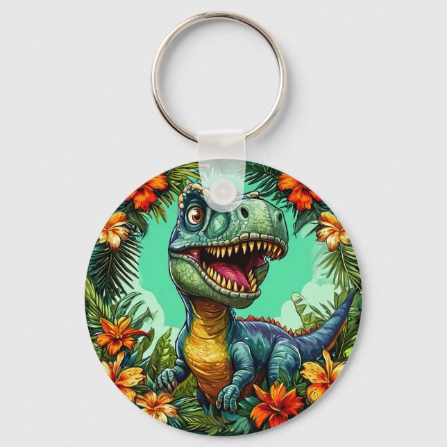 Llavero Dinosaurio de dibujos animados y flores tropicales (Anverso)